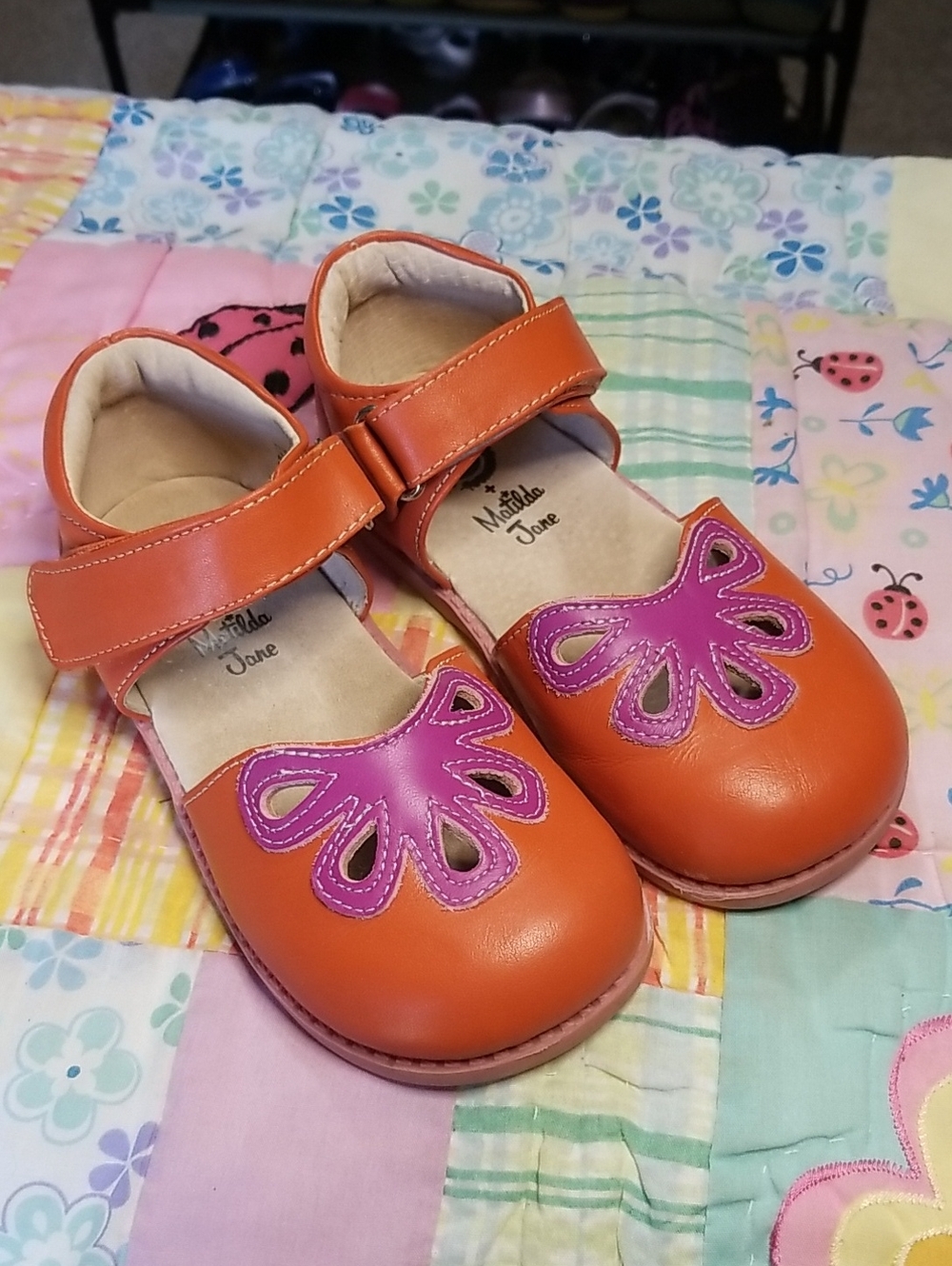 Matilda Jane Livie Luca Orange Leather Mary Jane w/Purple Flower Size 12 Petals